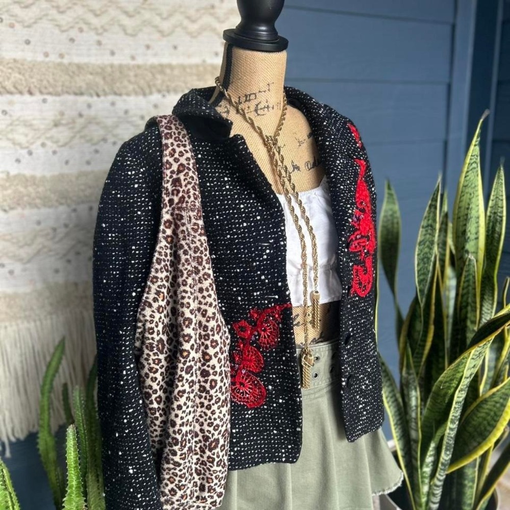 Vintage Tweed Wool Blazer Jacket with red embroidered flowers and beading